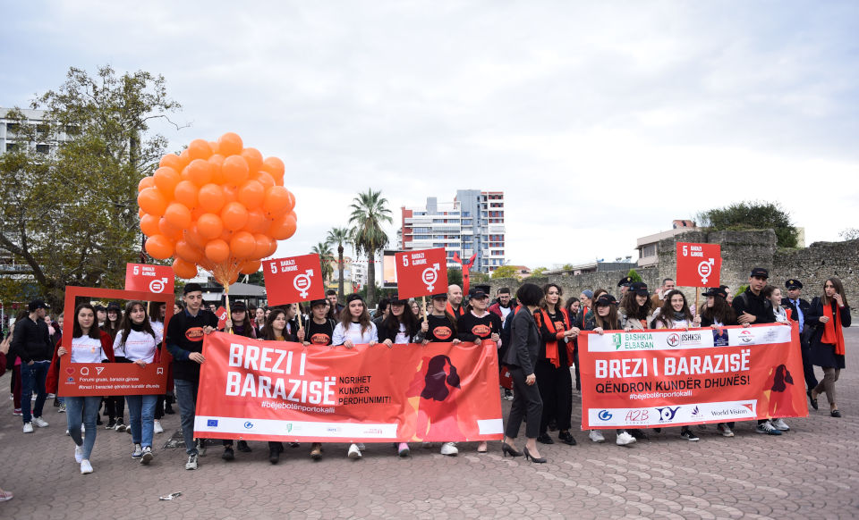 Civil society, students and the media march in the main square of the city of Elbasan during International Day for the Elimination of Violence against Women. Photo: Woman Forum Elbasan/Andi Allko
