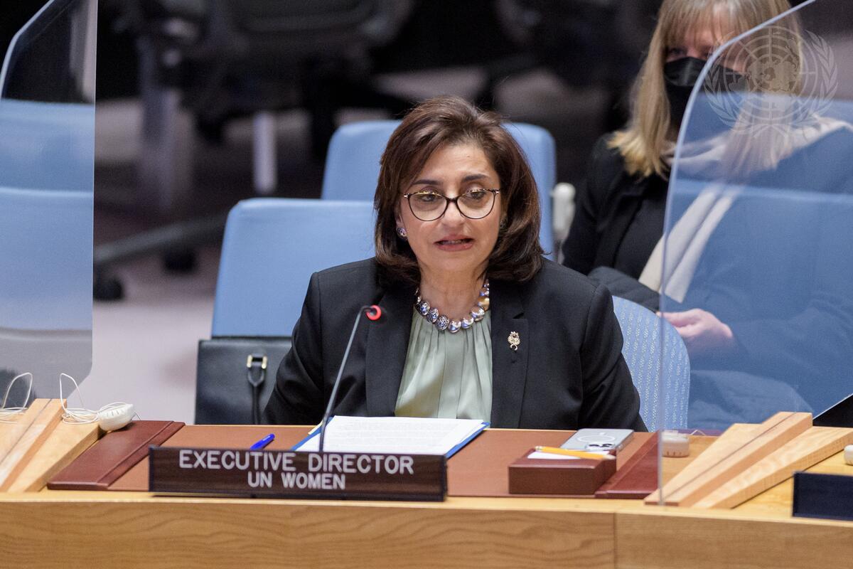 Sima Bahous, Executive Director of UN Women, briefs the Security Council meeting on women and peace and security, with a focus on women's economic inclusion and participation as a key to building peace. Photo: UN Photo/Manuel Elías.