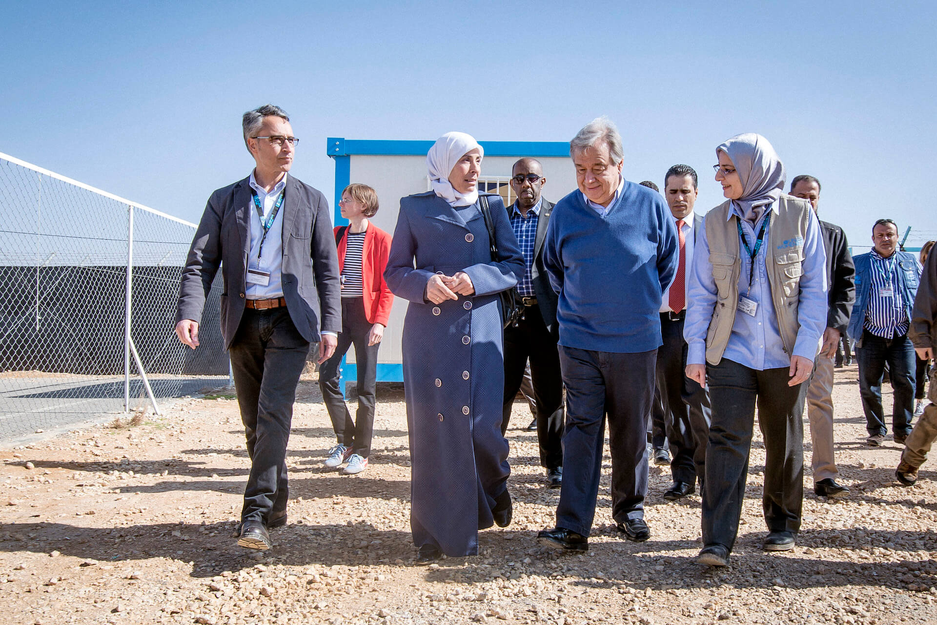 In March 2017, UN Secretary-General António Guterres visits the UN Women center in the Za’atari refugee camp in Jordan to interact with Syrian refugee women and girls residing in Jordan. Photo: UN Women/Benoît Almeras