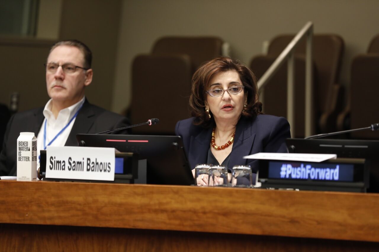 UN Women Executive Director Sima Bahous delivers opening remarks at the CSW68 side event, “Multistakeholder partnership and practices to push forward for gender equality, human rights and democracy”, UN headquarters, 20 March 2024. Photo: UN Women/Ryan Brown.