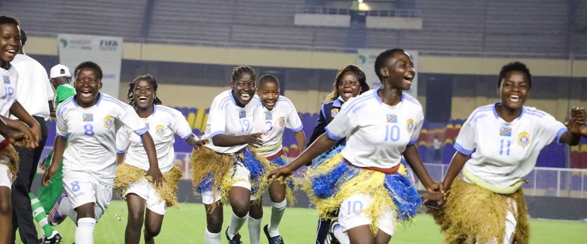 Congolese players of the 1st African School Champions Cup organized by FIFA celebrate after winning the competition.