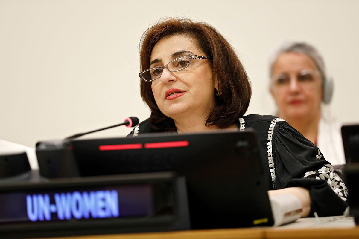 UN Women Executive Director Sima Bahous addresses an HLPF side event organized by Australia and UN Women on 11 July 2024 at UN Headquarters in New York.