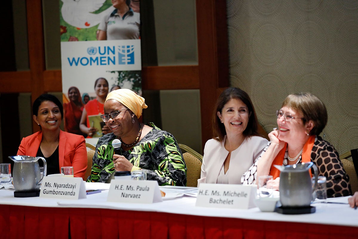 Panelists speak at an HLPF event on 15 July 2024.