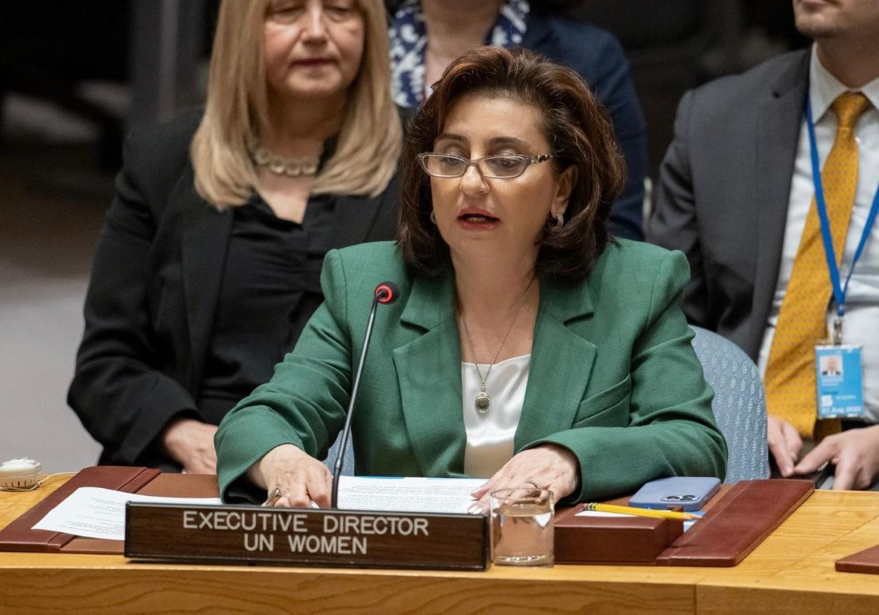 UN Women Executive Director Sima Bahous gives remarks to the UN Security Council on 7 August 2024.