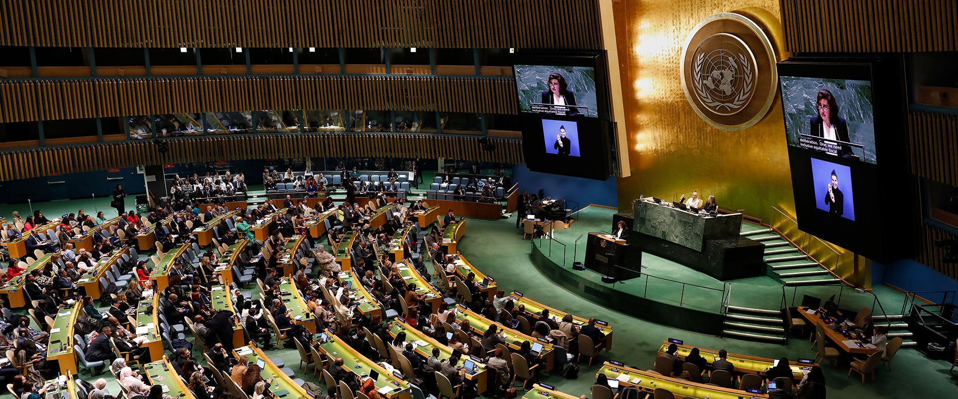 UN Women Executive Director speaks from the podium in the United Nations General Assembly Hall on 11 March 2024.