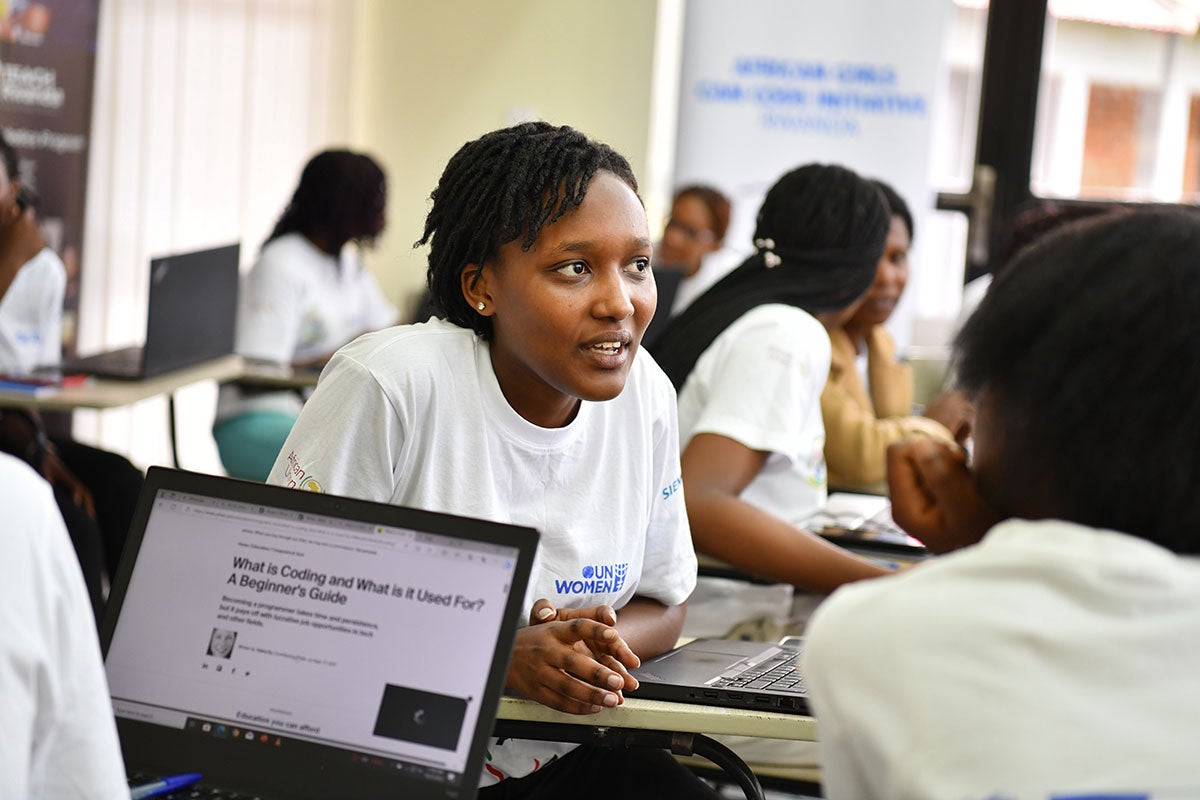 Natacha Sangwa participates in Rwanda's first African Girls Can Code Initiative (AGCCI) coding bootcamp in held at IPRC Tumba Polytechnic College, Rulindo District in October 2023. Photo: UN Women/Geno Ochieng 