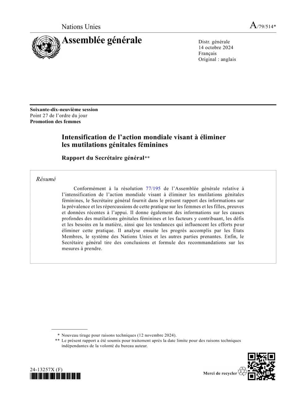 Intensification de l’action mondiale visant à éliminer les mutilations génitales féminines : Rapport du Secrétaire général (2024)