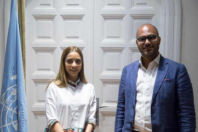 Emirati-Yemeni singer Balqees Fathi with Mohammad Naciri, UN Women Regional Director for Arab States during a visit to UN Women Regional Office. Photo: UN Women/ Karam Gamal El Din.