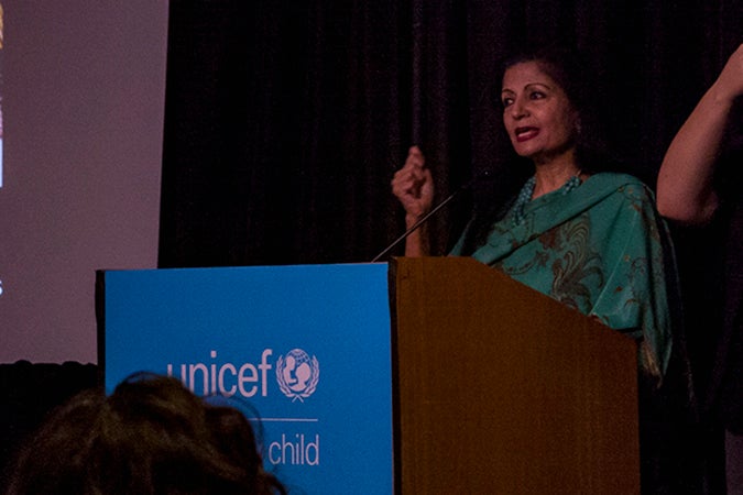 UN Women Deputy Executive Director Lakshmi Puri speaks at the official commemoration of International Day of the Girl Child. Photo: UN Women/Jodie Mann