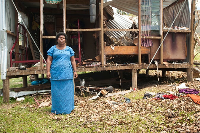 Salote Tubuna outside one of her two small houses in Buka Settlement just outside of Rakiraki. Photo: UN Women/Murray Lloyd