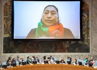 Celia Umenza Velasco, Legal Coordinator for the Indigenous Reservation of Tacueyó and Member of Association of Indigenous Cabildos of the North of Cauca (ACIN), addresses briefs the Security Council meeting on women and peace and security. Photo: UN Photo/Eskinder Debebe