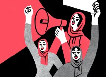 Illustration depicting women protesting. Illustrator: Anina Takeff.