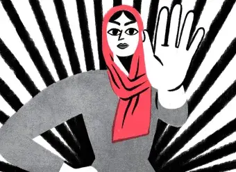 Illustration depicting Afghan woman with her hand up in a "stop" position. Illustrator: Anina Takeff.