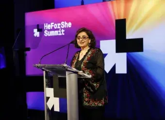 Ms. Sima Bahous, Under-Secretary-General of the United Nations and Executive Director of UN Women, speaks at the HeForShe Summit during the 77th Session of the UN General Assembly. Photo: UN Women/Ryan Brown