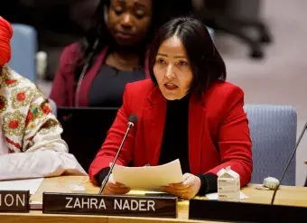 Zahra Nader briefs the Security Council at UN Headquarters in New York, 20 October 2022. Photo: UN Women/Ryan Brown