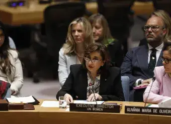 Ms. Sima Bahous, UN Under-Secretary-General and UN Women Executive Director, delivers a briefing to the UN Security Council annual open debate on women, peace and security, UN Headquarters, 25 October 2023. Photo: UN Women/Ryan Brown.