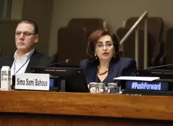 UN Women Executive Director Sima Bahous delivers opening remarks at the CSW68 side event, “Multistakeholder partnership and practices to push forward for gender equality, human rights and democracy”, UN headquarters, 20 March 2024. Photo: UN Women/Ryan Brown.