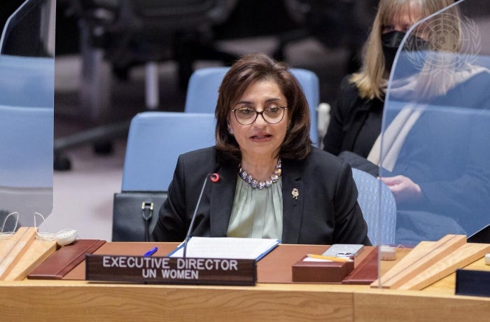 Sima Bahous, Executive Director of UN Women, briefs the Security Council meeting on women and peace and security, with a focus on women's economic inclusion and participation as a key to building peace. Photo: UN Photo/Manuel Elías.