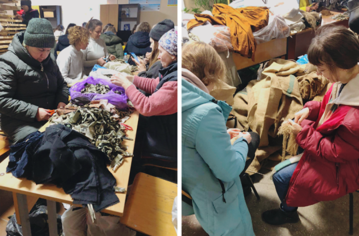 À l’École polytechnique de Tchernivtsi, dans l’ouest de l’Ukraine, des femmes et des filles locales et déplacées à l’intérieur du pays se portent volontaires pour tricoter des filets de camouflage pour l’armée et collecter l’aide humanitaire.