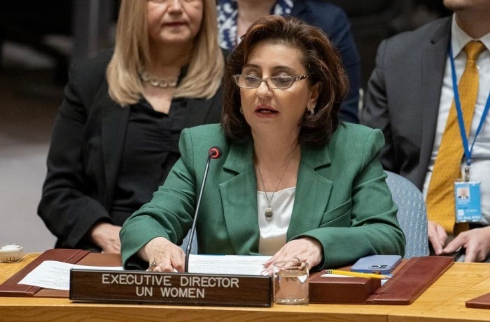 UN Women Executive Director Sima Bahous gives remarks to the UN Security Council on 7 August 2024.