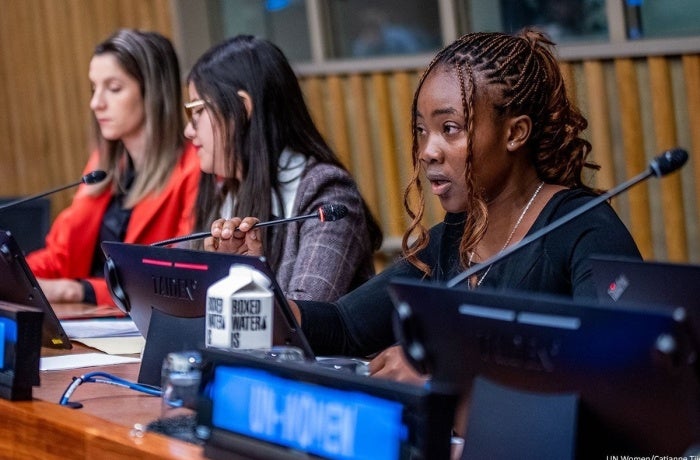 Hawa Yokie spoke as a youth panellist at an event during the 67th session of the Commission on the Status of Women at the UN Headquarters in New York