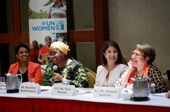 On the occasion of the High-Level Political Forum (HLPF) on July 15, 2024, UN Women convened feminists, experts, UN officials and other key development actors to present and discuss the Gender Equality Accelerators (GEAs) for the SDGs. Photographed here are the panellists for the event.