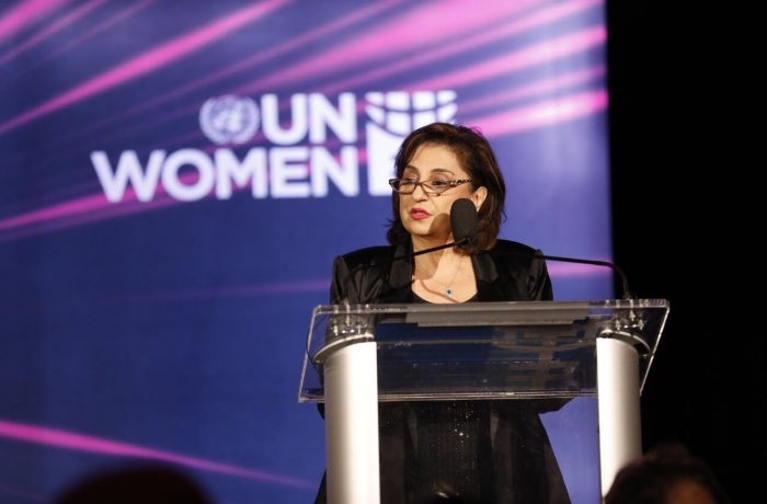 UN Women Executive Director Sima Bahous delivers remarks at the HeForShe Summit 2024, 10th Anniversary Gala Dinner, Guastavino’s, New York City, 24 September 2024. Photo: UN Women/Ryan Brown.