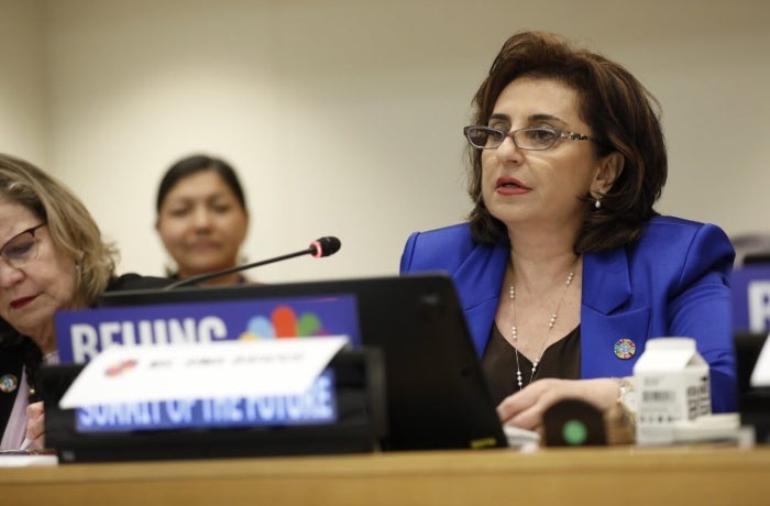 UN Women Executive Director Sima Bahous delivers opening remarks at the side event, “Beijing+30: Achieving gender equality, the rights and empowerment of all women and girls”, Summit of the Future, Action Day 2, 21 September 2024, UN headquarters. Photo: UN Women/Ryan Brown.