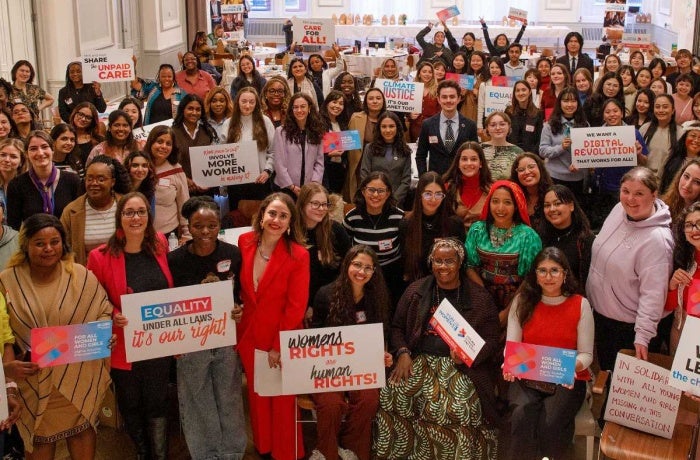 Young gender equality activists at the CSW69 Youth Forum in New York, March, 2025. Photo: UN Women/Ryan Brown