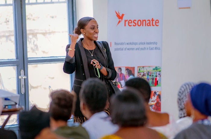 Claire Uwineza speaks at the Storytelling for Leadership workshop, hosted by Resonate, empowering National Women’s Council members with impactful communication skills. Photo Credit: Resonate